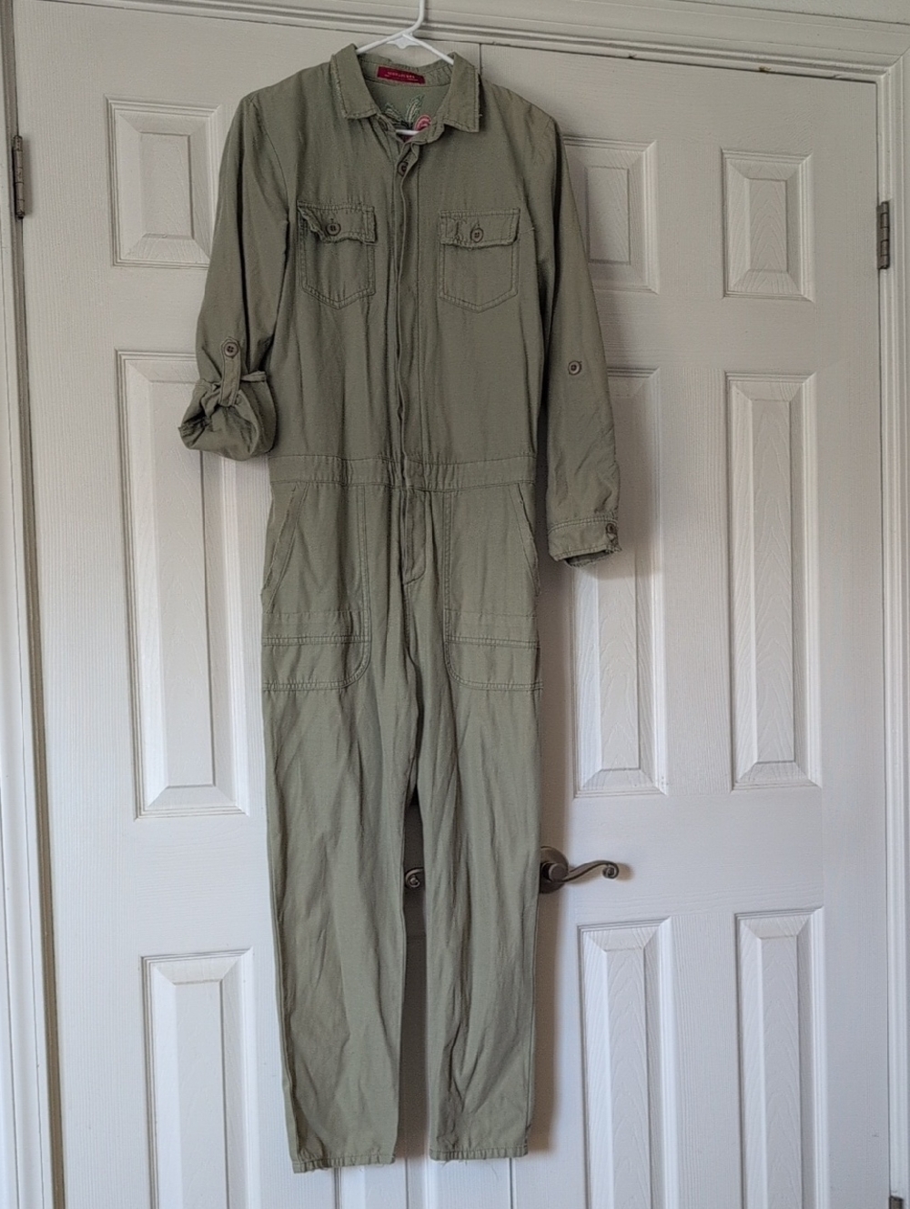 Army Light Green Embroidered Detail Jumpsuit